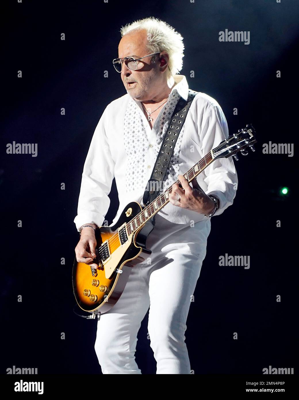 The BritishAmerican rock band Foreigner with founder and lead guitarist Mick Jones performs at
