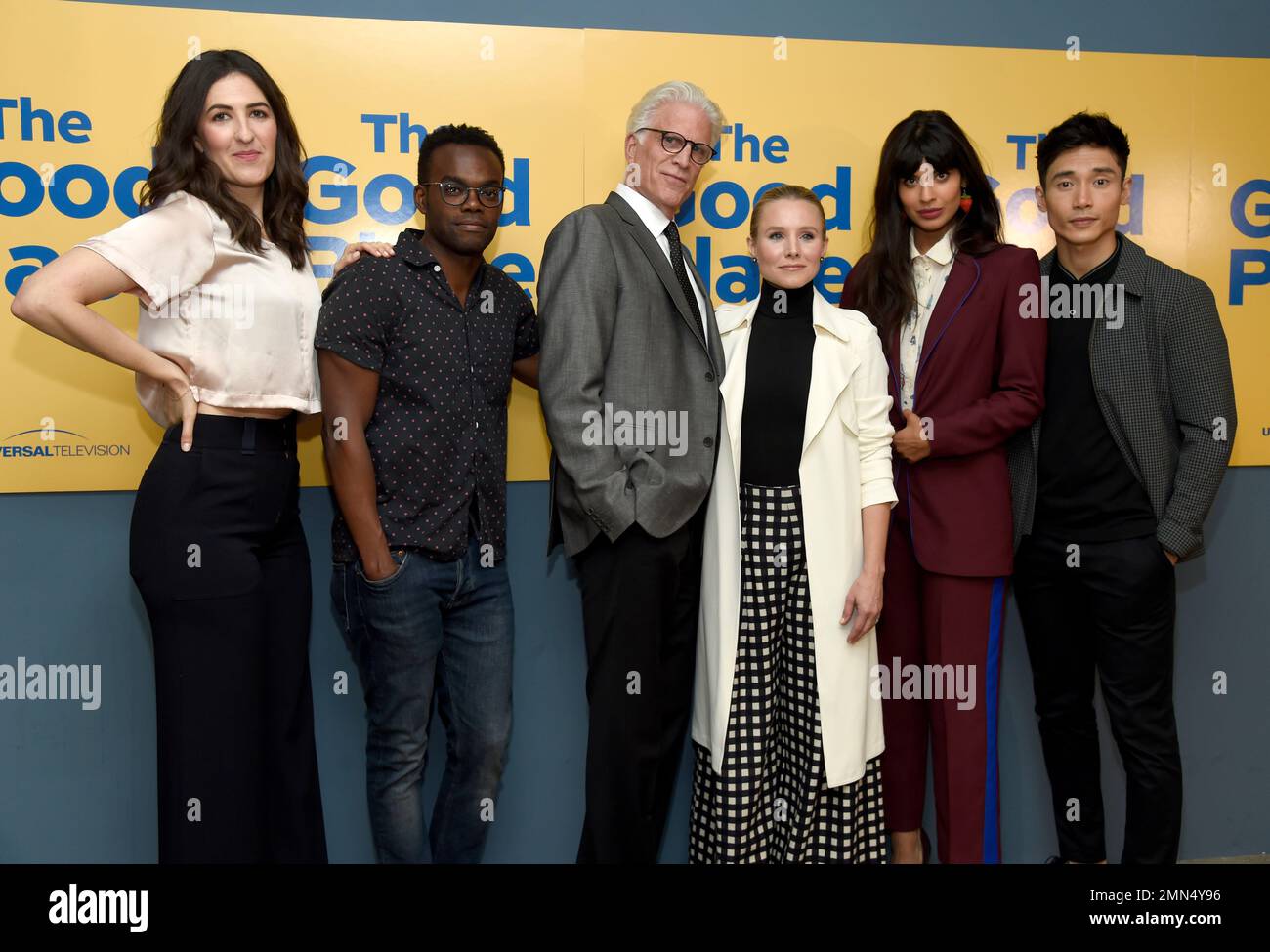D'Arcy Carden, from left, William Jackson Harper, Ted Danson, Kristen