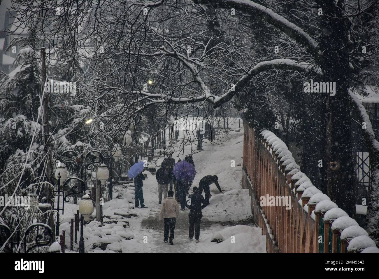 Srinagar, India. 30th Jan, 2023. Residents walk along the snow covered street during snowfall in Srinagar. Kashmir valley was cut off from the outside world, with all flights to and fro Srinagar airport getting cancelled and the national highway being shut off due to heavy snowfall on Monday morning. Credit: SOPA Images Limited/Alamy Live News Stock Photo