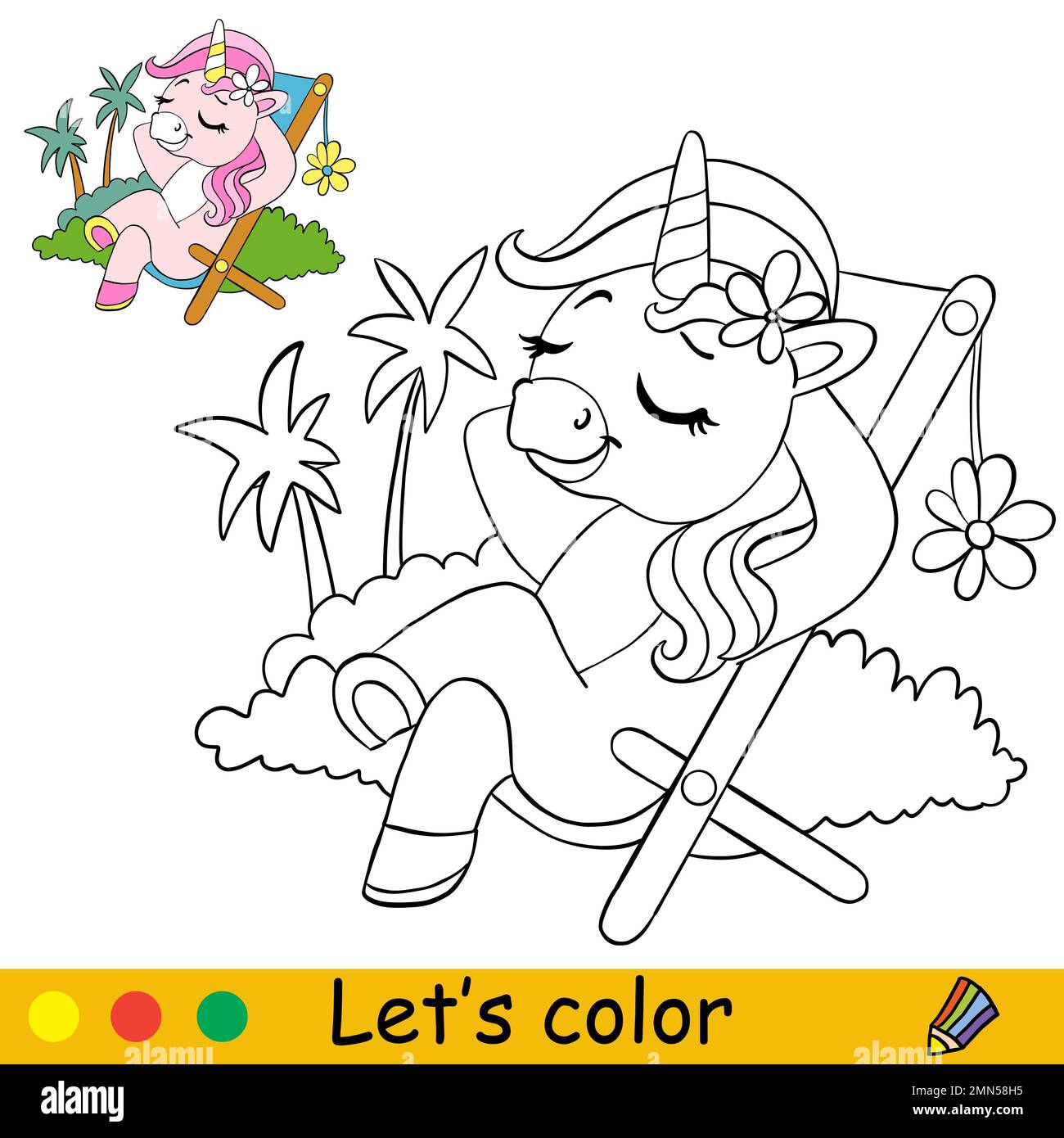 Cute unicorn is lying on a chaise longue. Kids coloring book page with ...