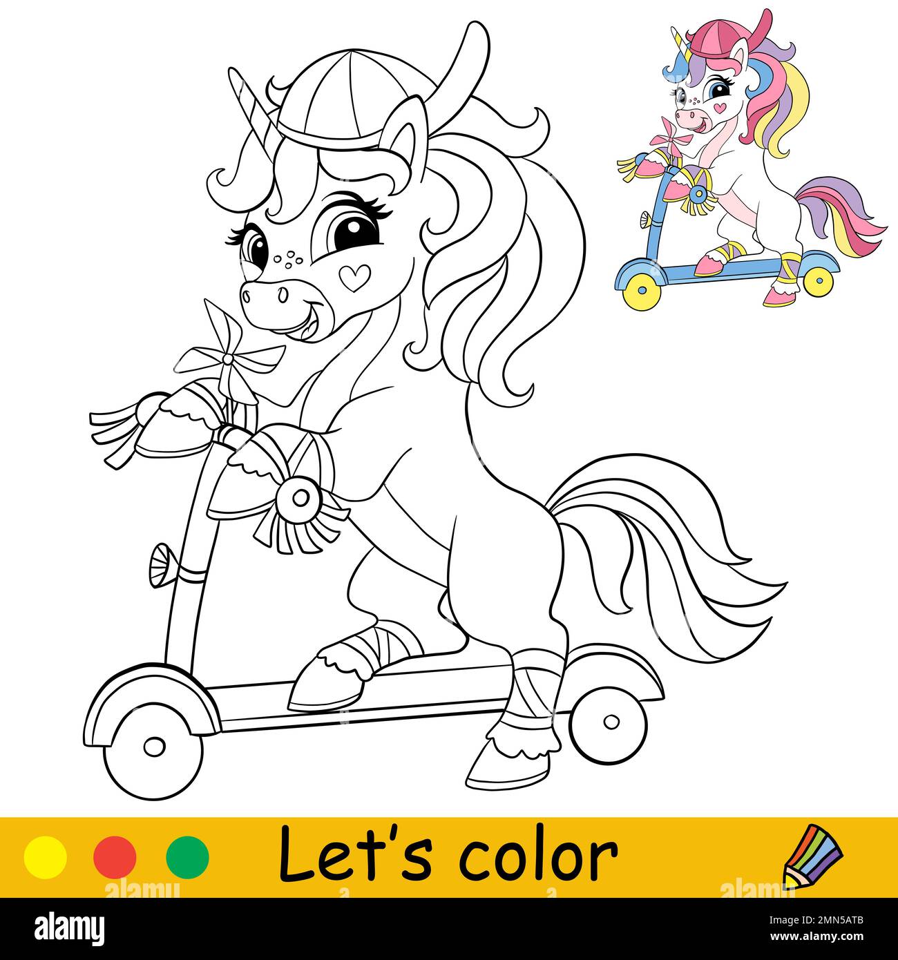 Cute happy unicorn on a scooter. Kids coloring book page with color ...