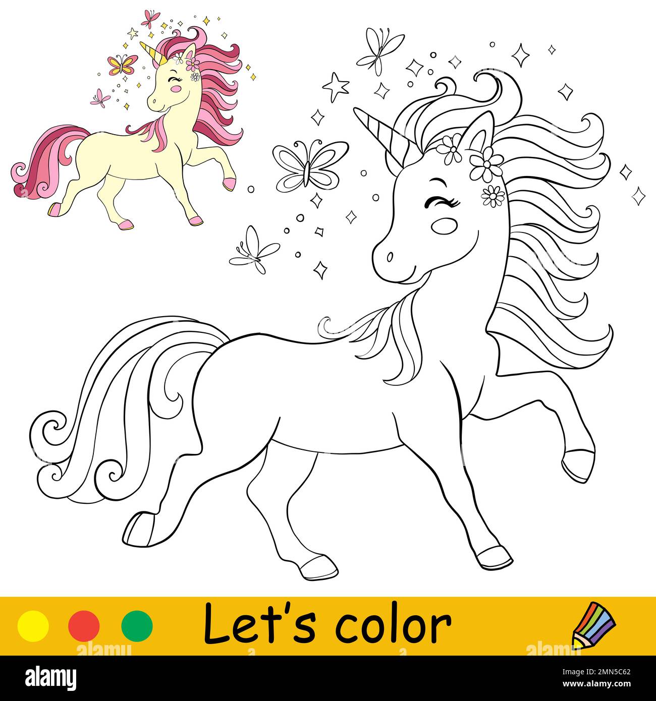 Cute happy unicorn and butterflies. Kids coloring book page with color ...