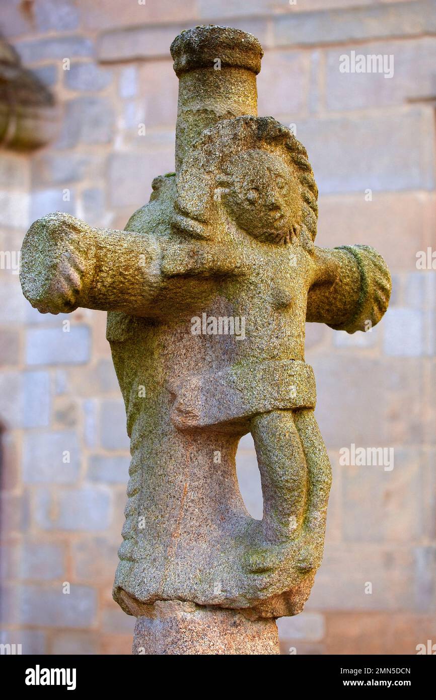 France, Finistere, Quimper, religious stone statue in the courtyard of