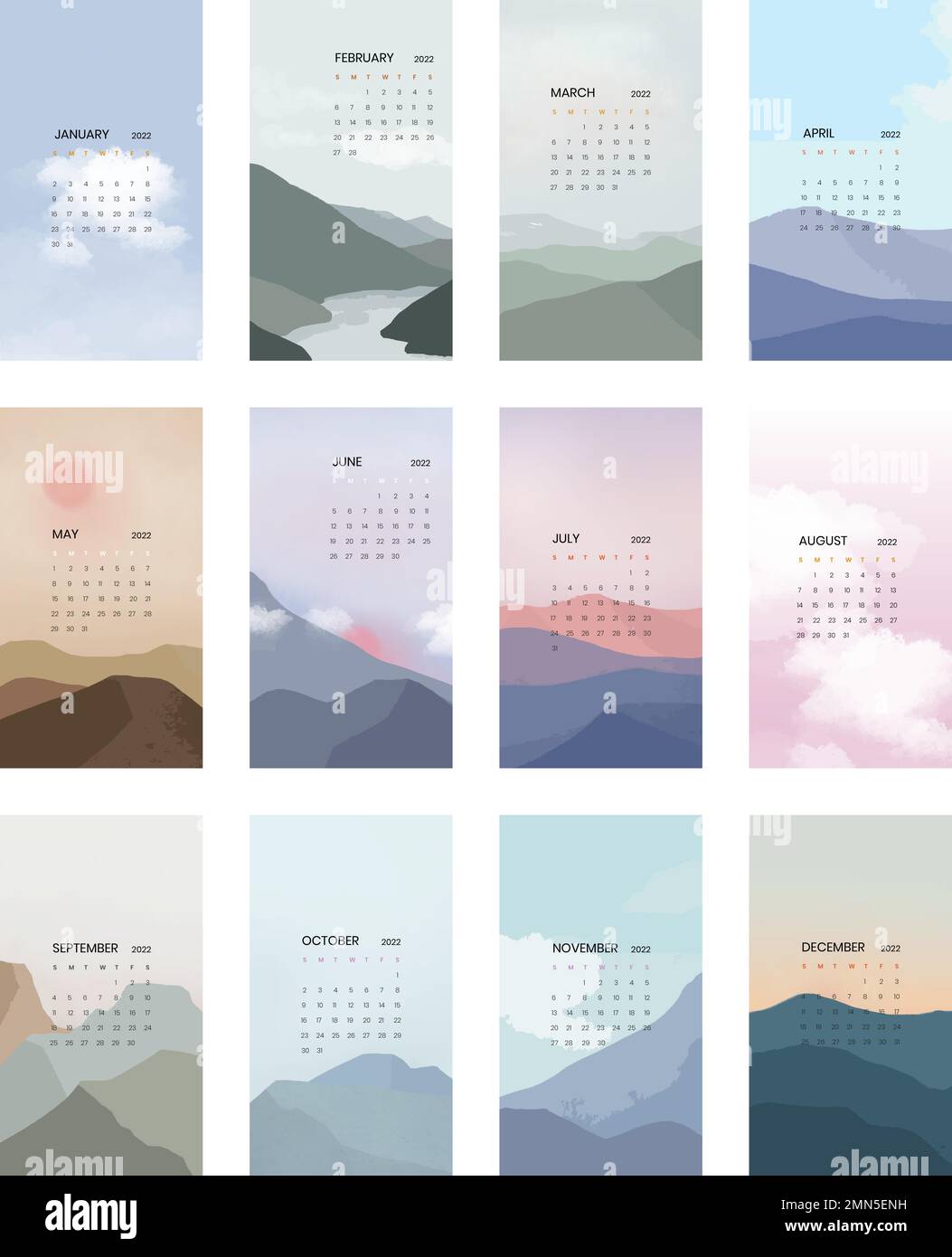 Sky & mountain yearly calendar vector iPhone wallpaper in minimal