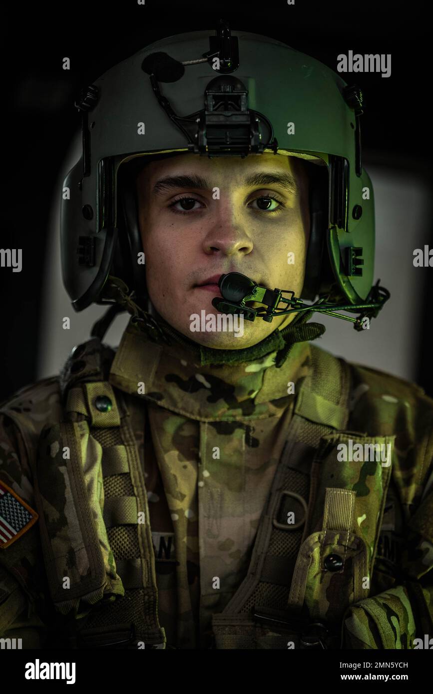 U.S. Army Spc. Logan Speakman, a Blackhawk Maintainer/Crew Chief assigned to the Falcon team at