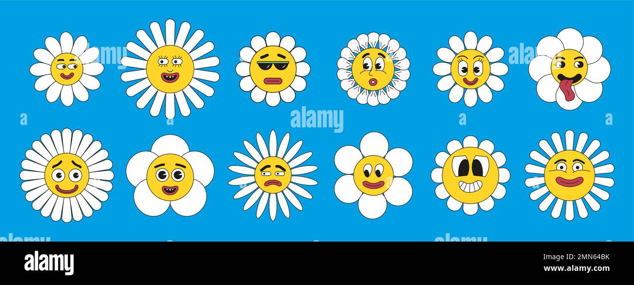 Crasy, groovy hippie 70s, 60s, 50s set vector. Plant character with mascot. Crazy mems of eyes and mouths. Sad, happy emotions . Funny cartoon Stock Vector