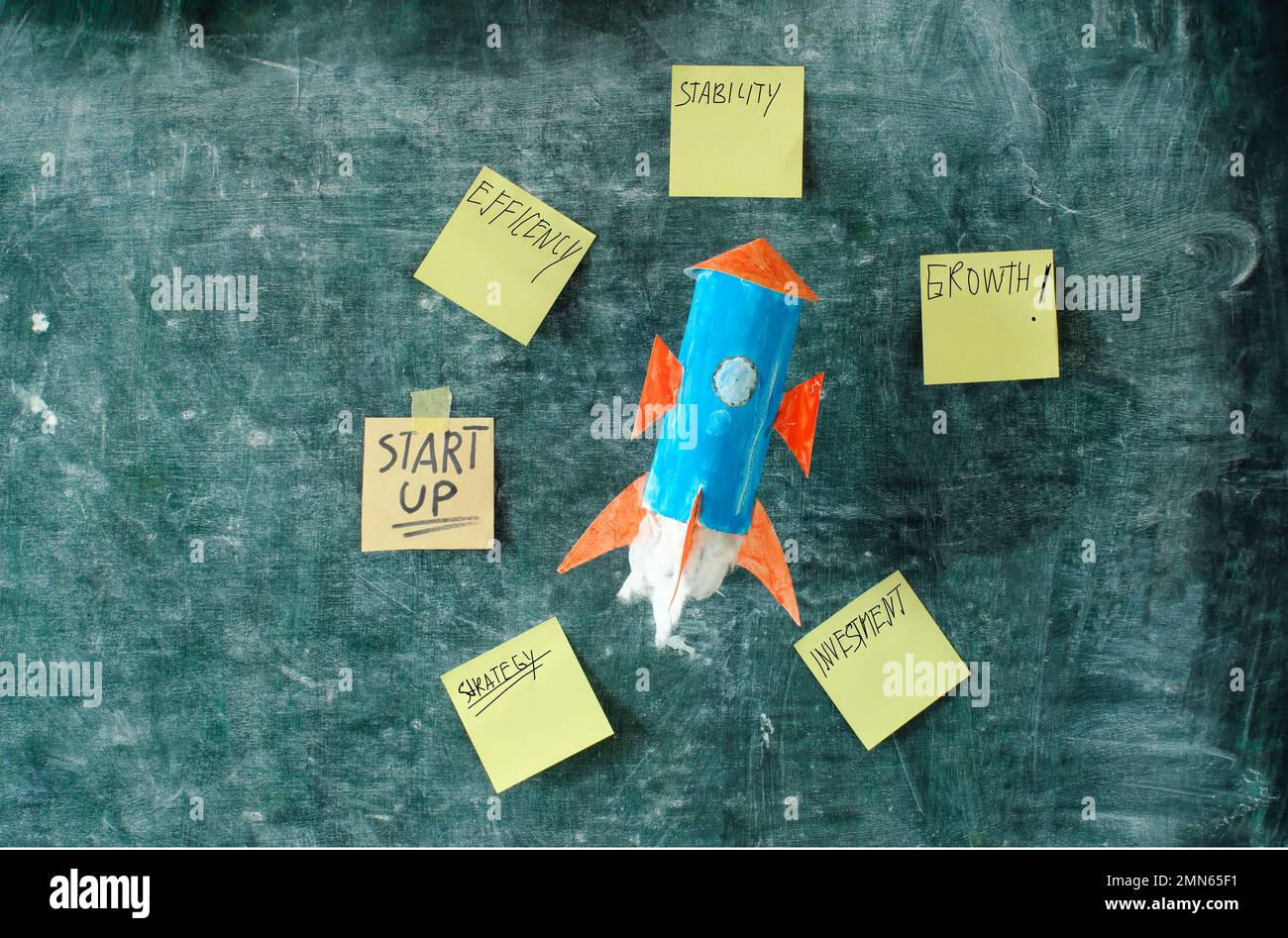 Business concept,start up, innovation and success. Launching rocketship and notes with business cues on black board. Free copy space. Stock Photo