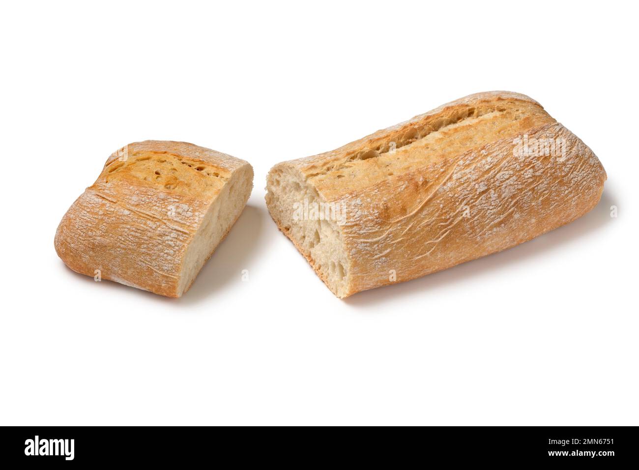 Traditional Italian fresh baked ciabatta bread and  and a piece isolated on white background close up Stock Photo