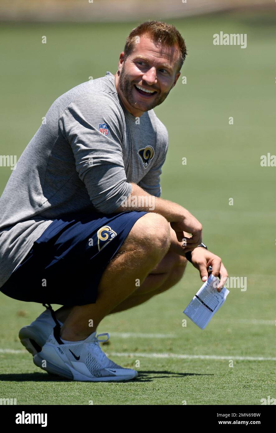 Los Angeles Rams coach Sean McVay laughs during practice at the NFL ...