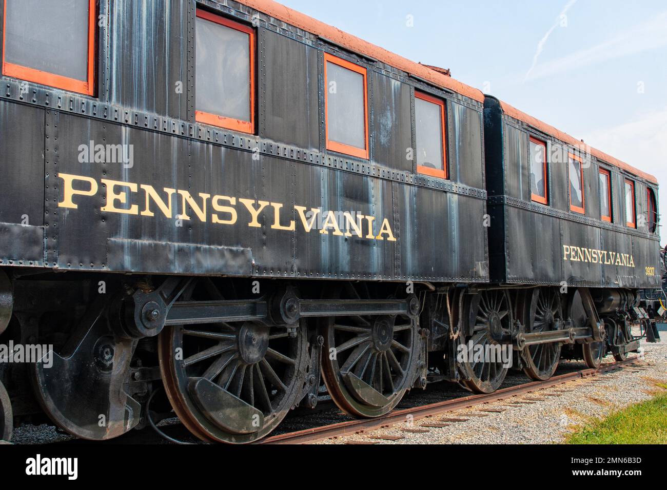 The side of an old steam train from Pennsylvania Railroad at the