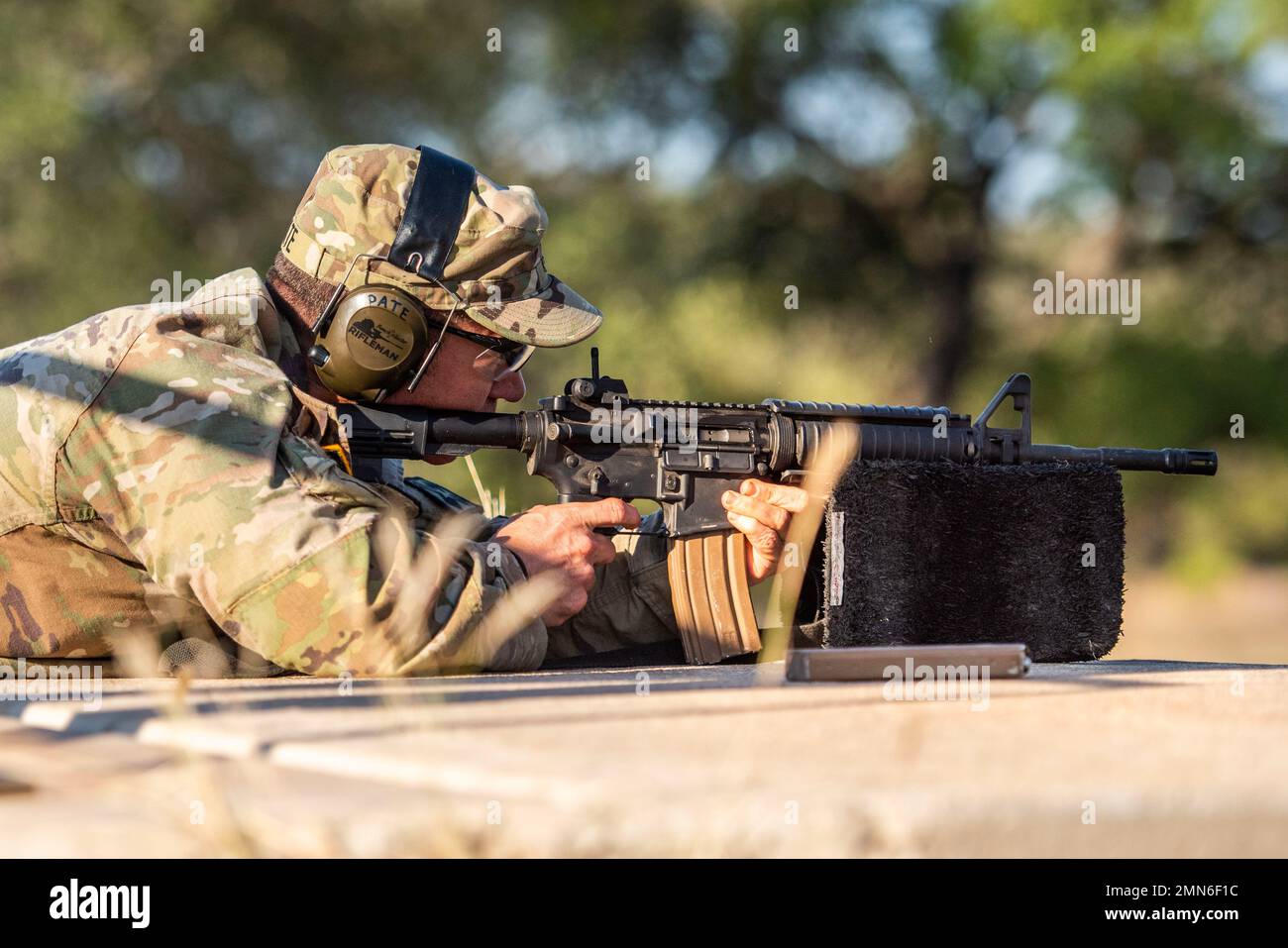 Sergeant 1st Class Jason E. Pate, 68W Combat Medics, 187th Medical Battalion, zeros in his weapon during the stress shoot qualifications for the best medic competition, Sep. 29, 2022 at Joint Base San Antonio-Camp Bullis, Tx. The event included the Army Combat Fitness Test, obstacle course, M-4 qualification, warrior tasks and battle drills, land navigation, a Tactical Combat Casualty Care assessment and 12-Mile Ruck March. Stock Photo