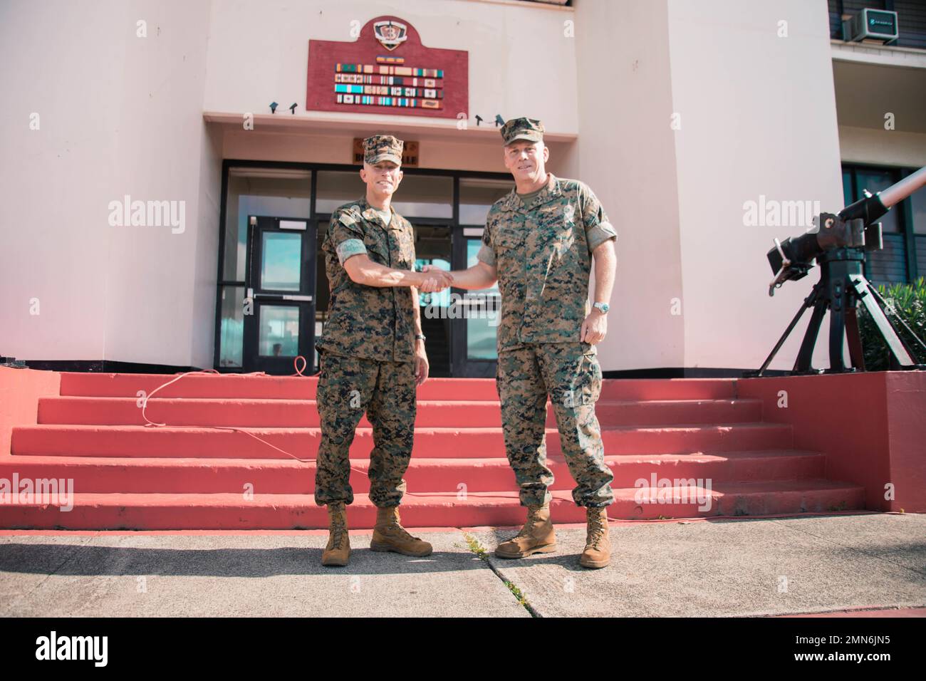 U.S. Marine Corps Maj. Gen. Eric Austin, right, commanding general, 1st