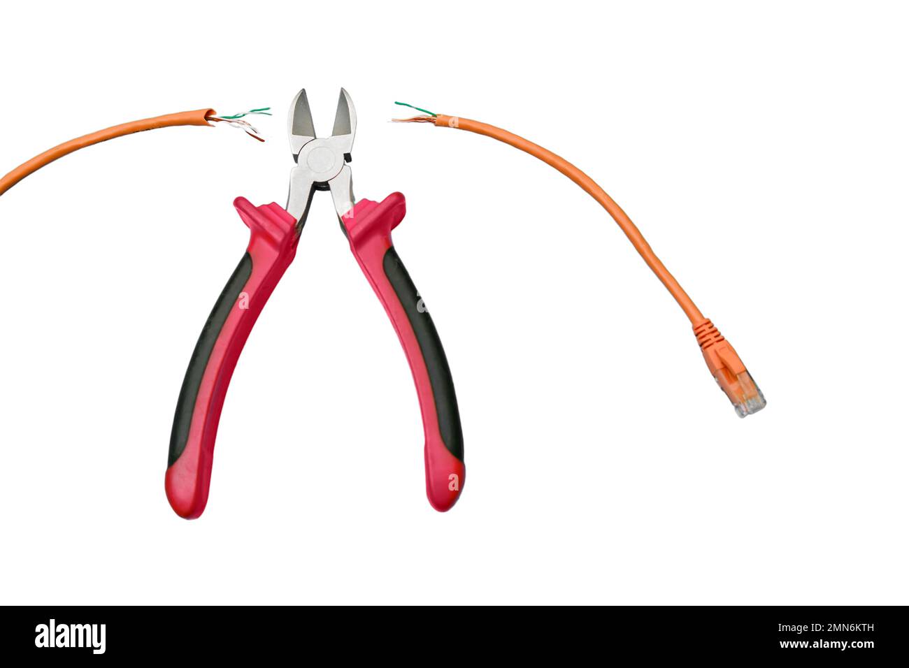 Cutting a computer network wire with wire cutters, isolated on a white