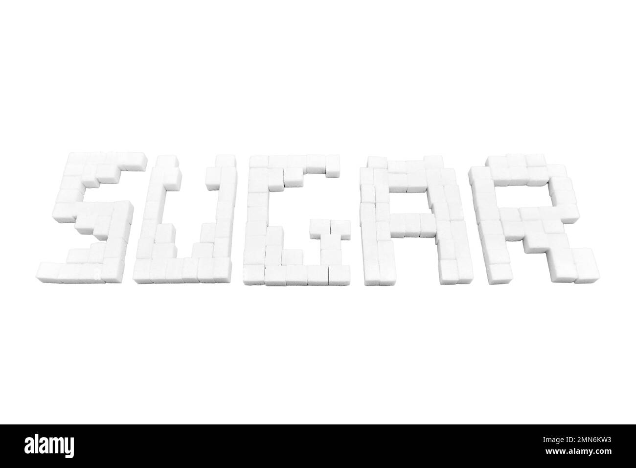 The word sugar from white refined pieces, isolated on a white background Stock Photo