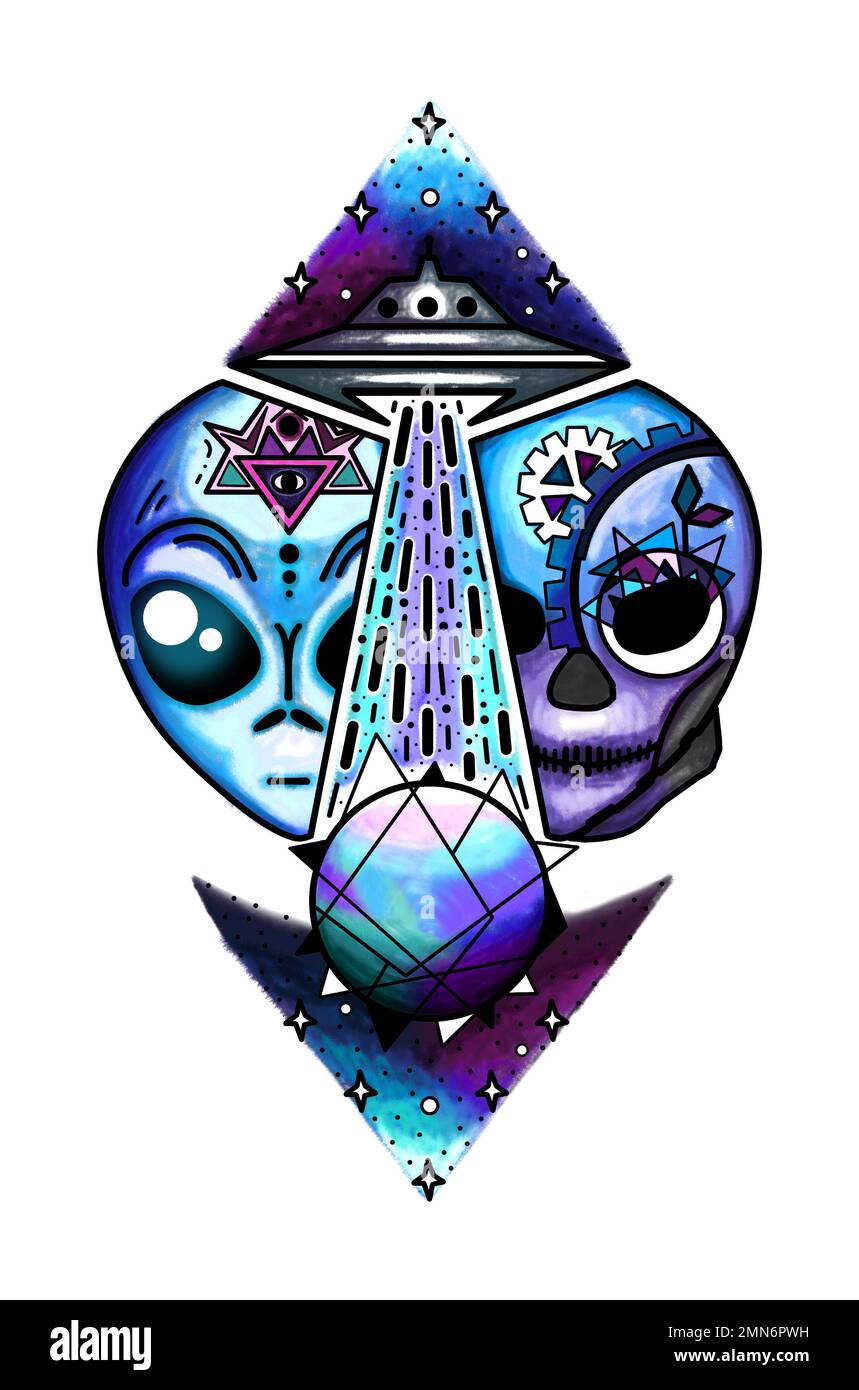 Steampunk UFO Alien Tattoo Style Illustration, Spaceship Universe ...