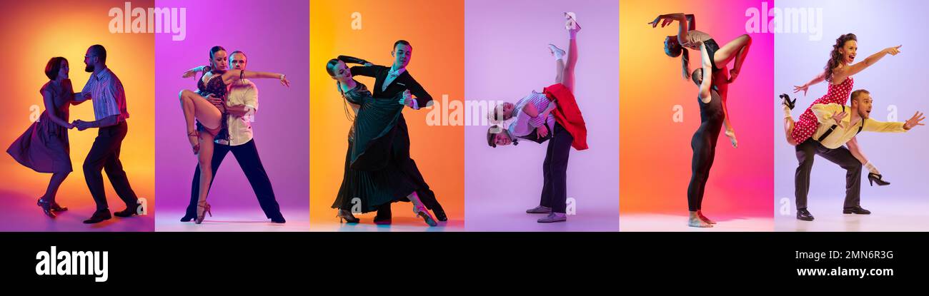 Collage. Different people, men and women dancing different types of ...