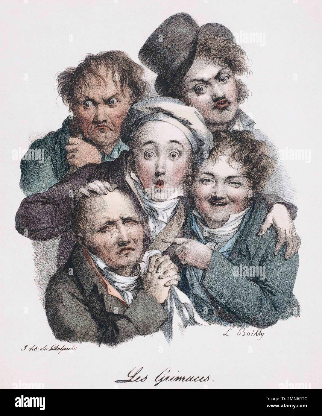 The Grimaces.  Different human facial expressions: surprise, sadness, anger etc.  After a work by Louis Boilly. Stock Photo