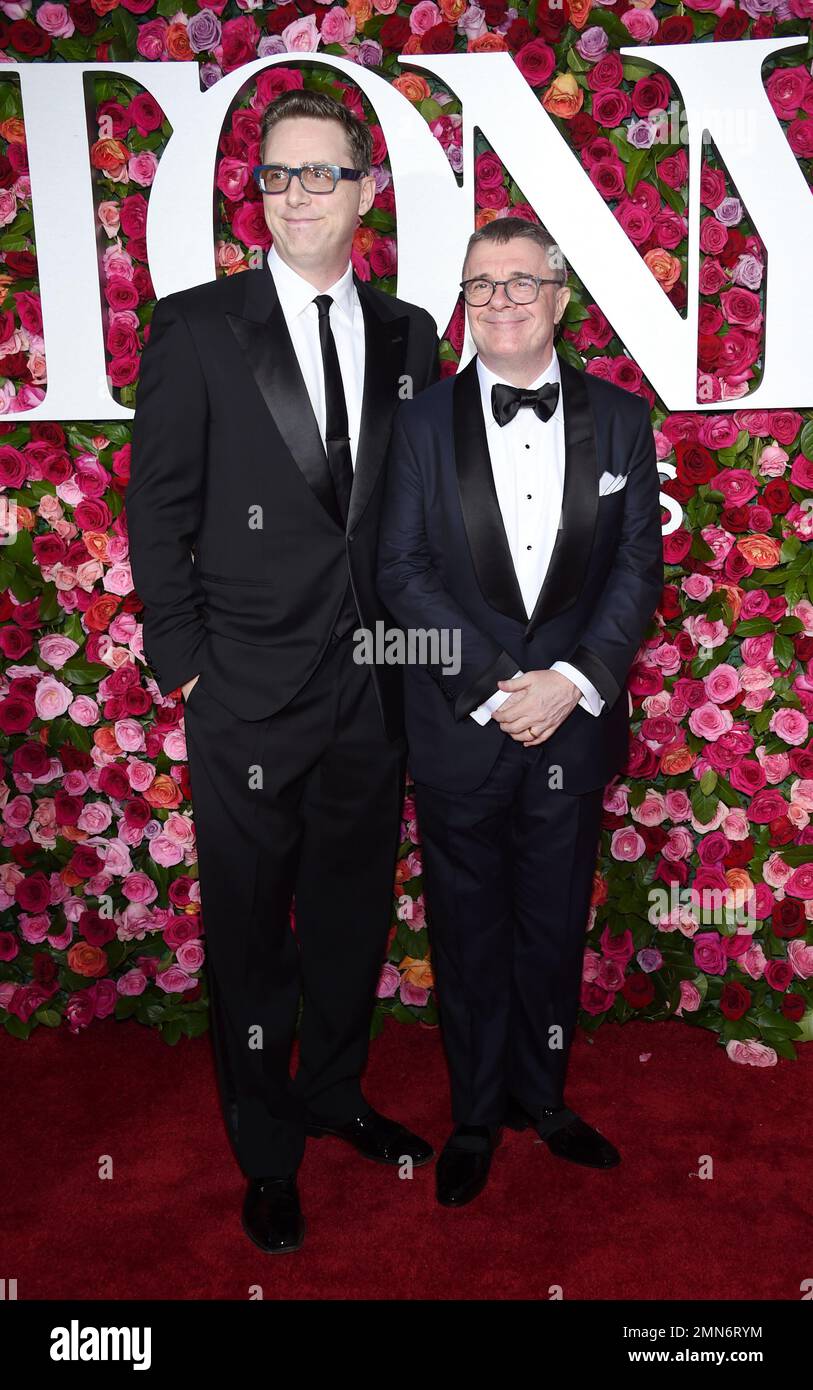 Devlin Elliott, Left, And Nathan Lane Arrive At The 72nd Annual Tony