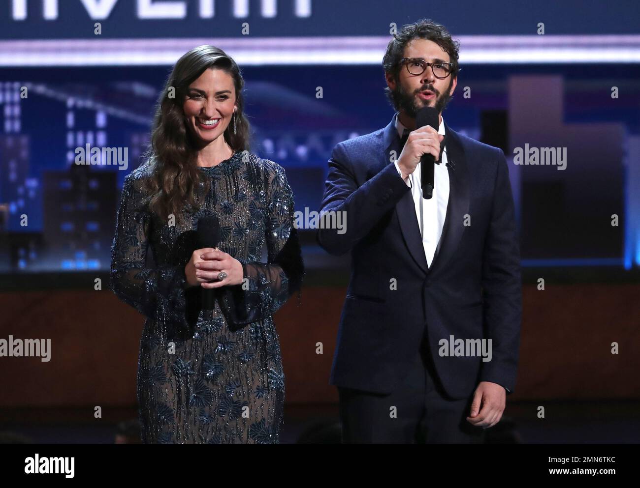Cohosts Josh Groban, left, and Sara Bareilles appear on stage at the(02)