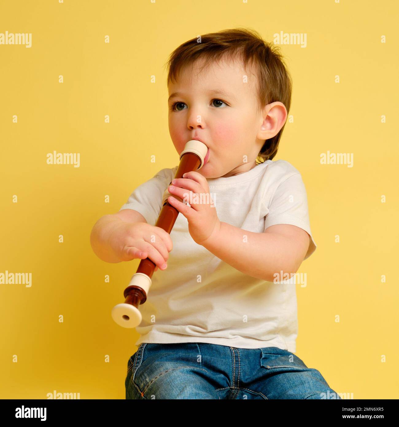 Toddler baby plays the flute, a child with a wind musical instrument on