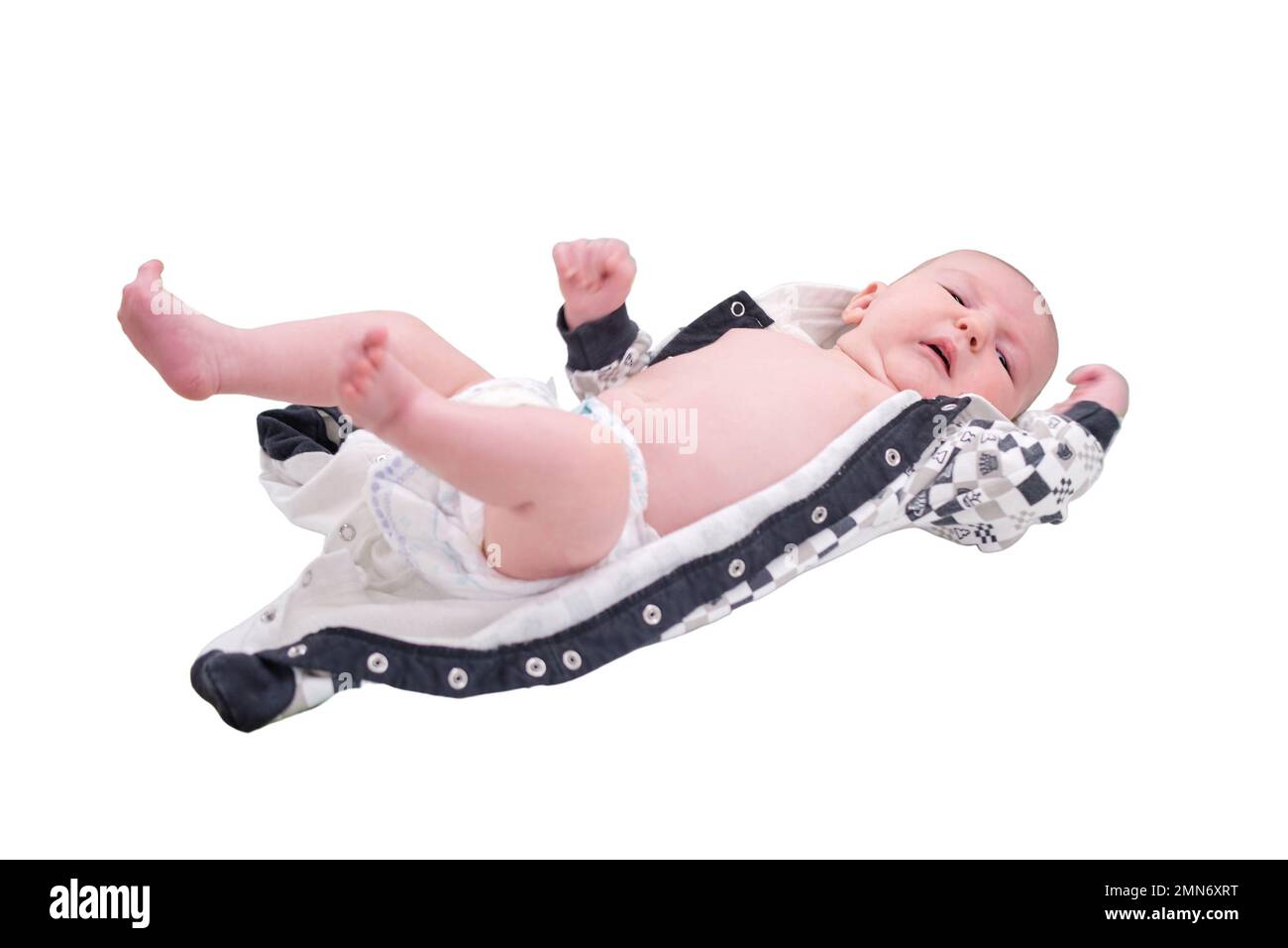Baby infant boy lies in a diaper on the changing table, isolated on a