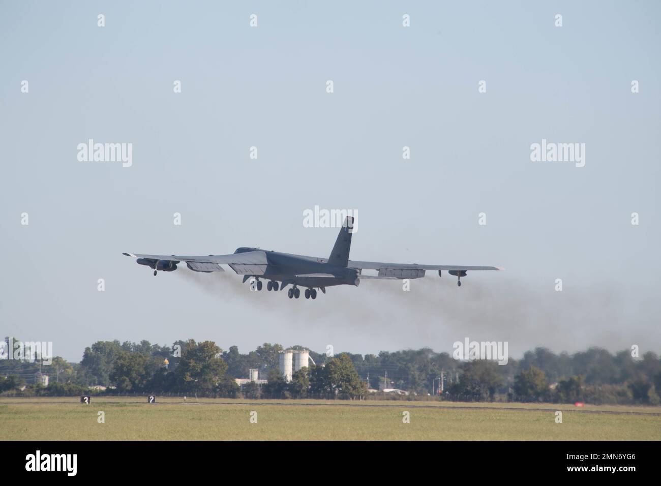 A B-52H Stratofortress takes off for a CONUS-to-CONUS (C2C) training mission, Barksdale Air Force Base, Louisiana, Sept. 29, 2022. A C2C mission contributes to joint force lethality and deters aggression in the Into-Pacific by demonstrating the Unites States Air Force's ability to operate anywhere in the world at any time in support of the National Defense Strategy. Stock Photo