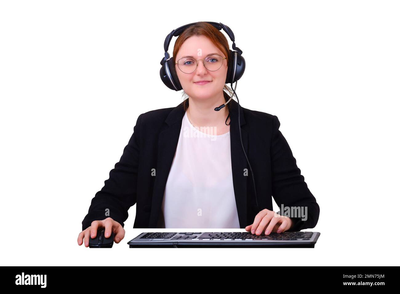View through a computer camera during an online video call, isolated on a white background. Business woman in the Internet conference when working rem Stock Photo