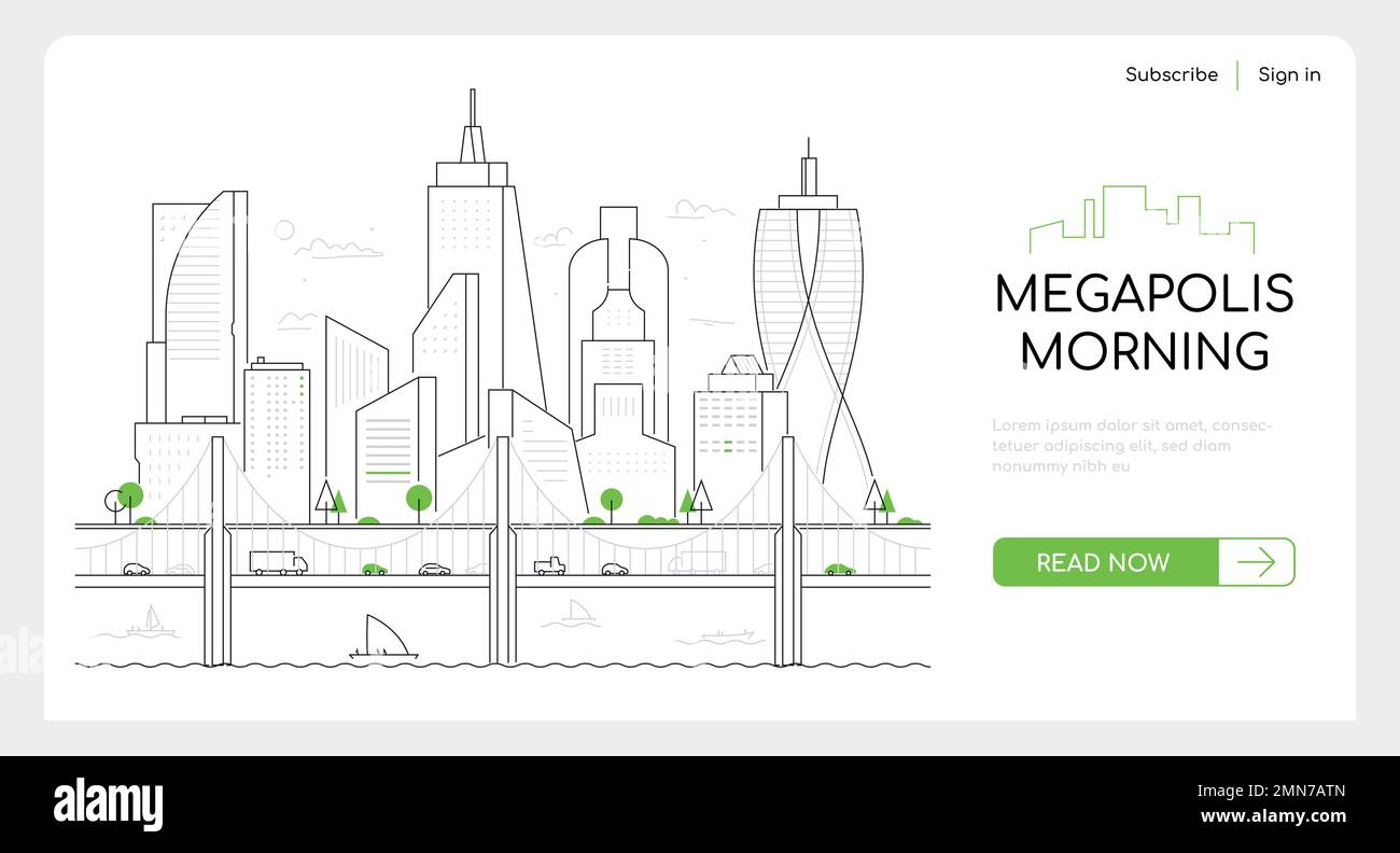 Megapolis morning - thin line design style vector web banner Stock ...