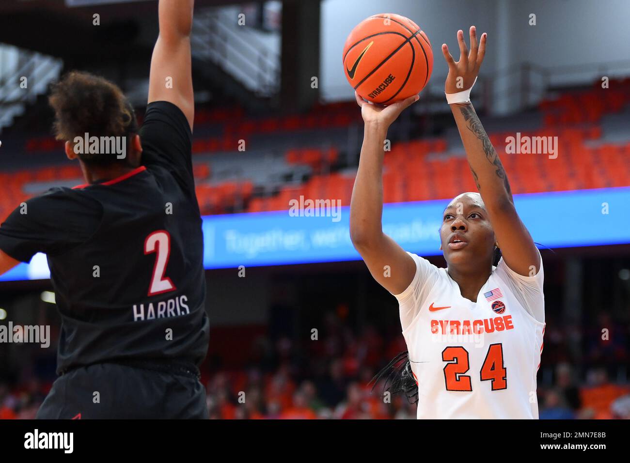 January 29, 2023: Syracuse Orange forward Dariauna Lewis (24) shoots the ball against the defense of Louisville Cardinals forward Nyla Harris (2) during the first half of an NCAA WomenÕs basketball game on Sunday Jan. 29, 2023 at the JMA Wireless Dome in Syracuse, New York. Rich Barnes/CSM Stock Photo