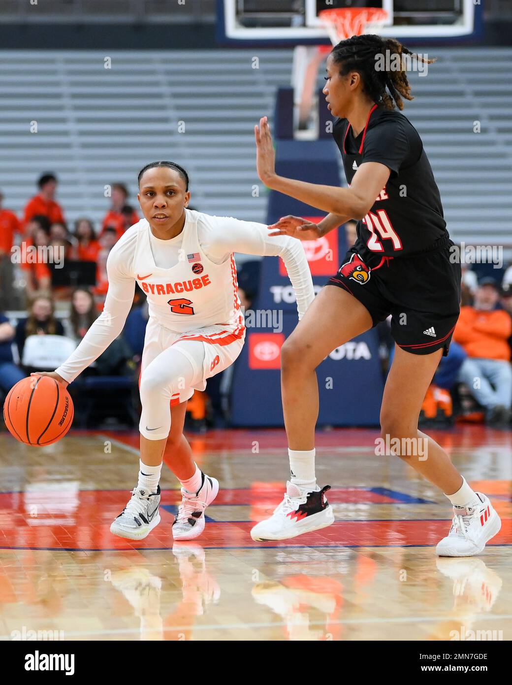 January 29, 2023: Syracuse Orange guard Dyaisha Fair (2) drives to the basket as Louisville Cardinals guard Morgan Jones (24) defends during the first half of an NCAA WomenÕs basketball game on Sunday Jan. 29, 2023 at the JMA Wireless Dome in Syracuse, New York. Rich Barnes/CSM Stock Photo