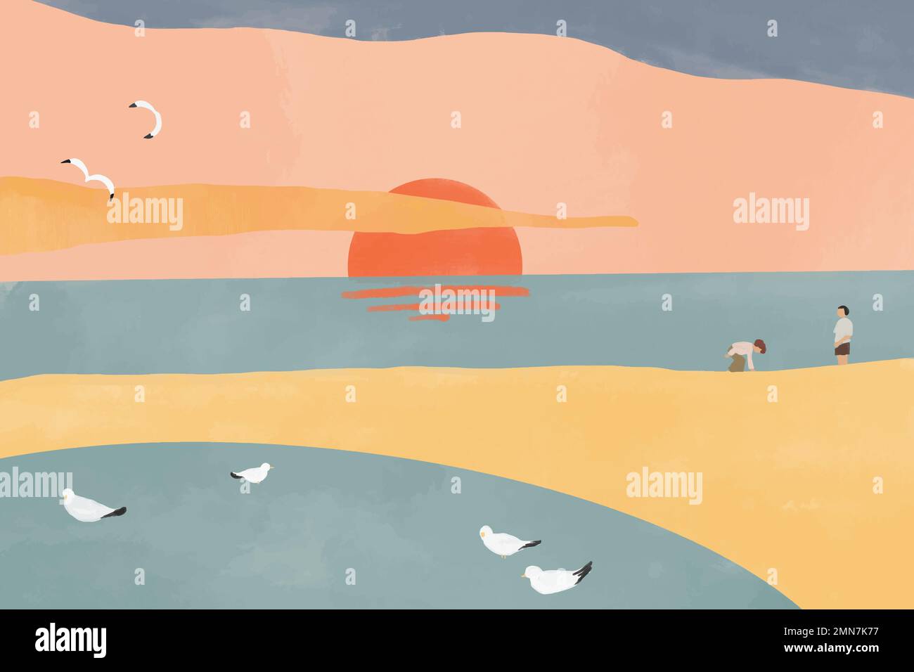 Sunset beach, aesthetic watercolor background vector Stock Vector