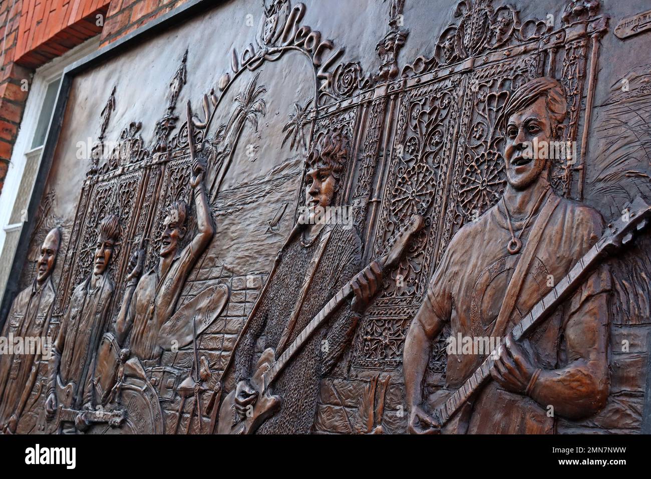 Viola Beach sculpture, bronze frieze, a permanent memorial outside the Parr Hall, Palmyra Square, Warrington, Cheshire, England, UK, WA1 1BL Stock Photo