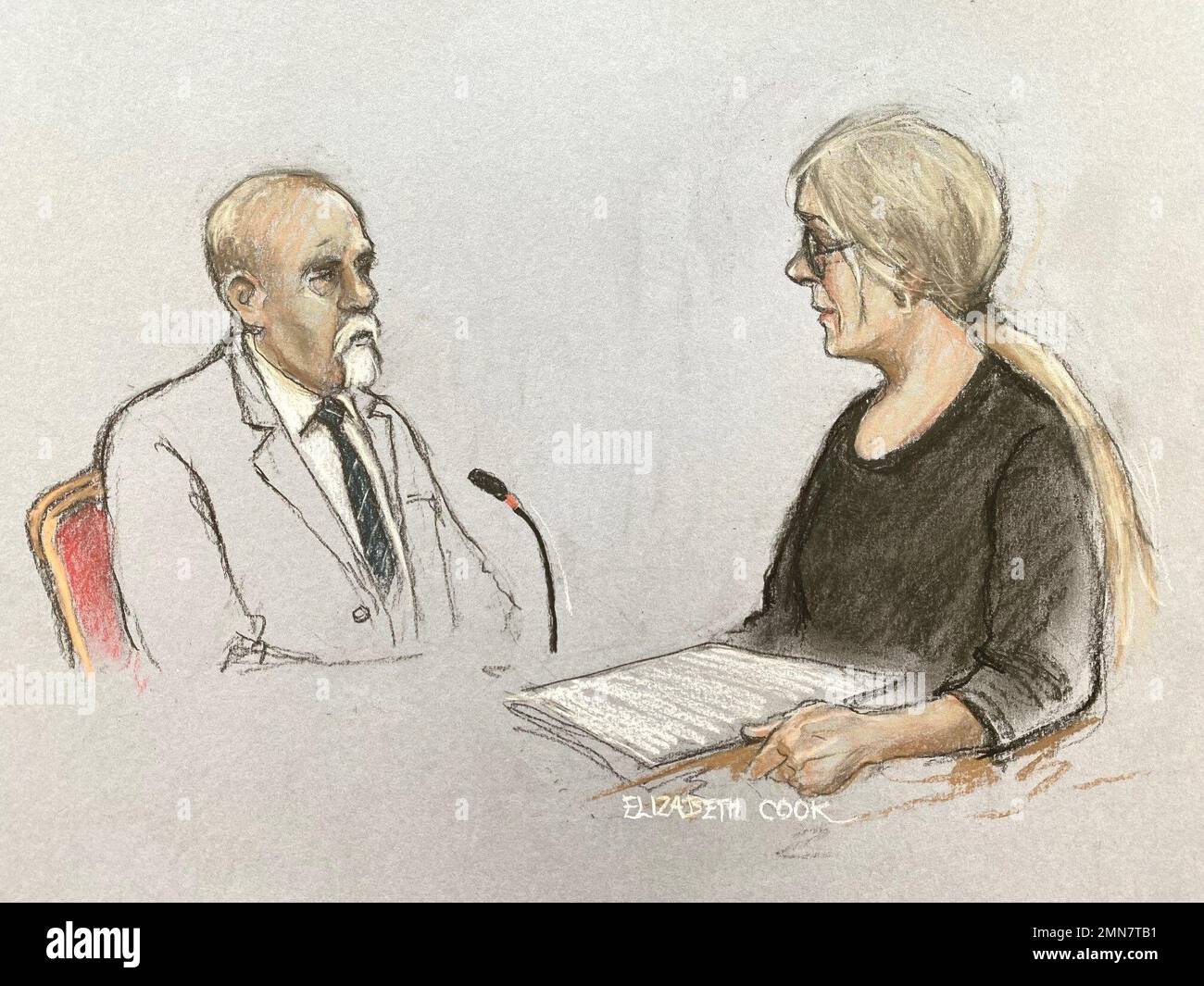 Court artist drawing by Elizabeth Cook of David Rees, a firearms information officer, being questioned by Counsel for the Inquest Bridget Doland KC, at Exeter Racecourse in Kennford, Devon, at the inquest into the deaths of five people shot dead by Jake Davison in Plymouth in August 2021. Picture date: Monday January 30, 2023. Davison's mother, Maxine Davison, 51, was shot dead following a row at their home in Biddick Drive. He then shot dead Sophie Martyn, three, her father Lee Martyn, 43, Stephen Washington, 59, and Kate Shepherd, 66, before turning the black pump-action shotgun on himself.  Stock Photo