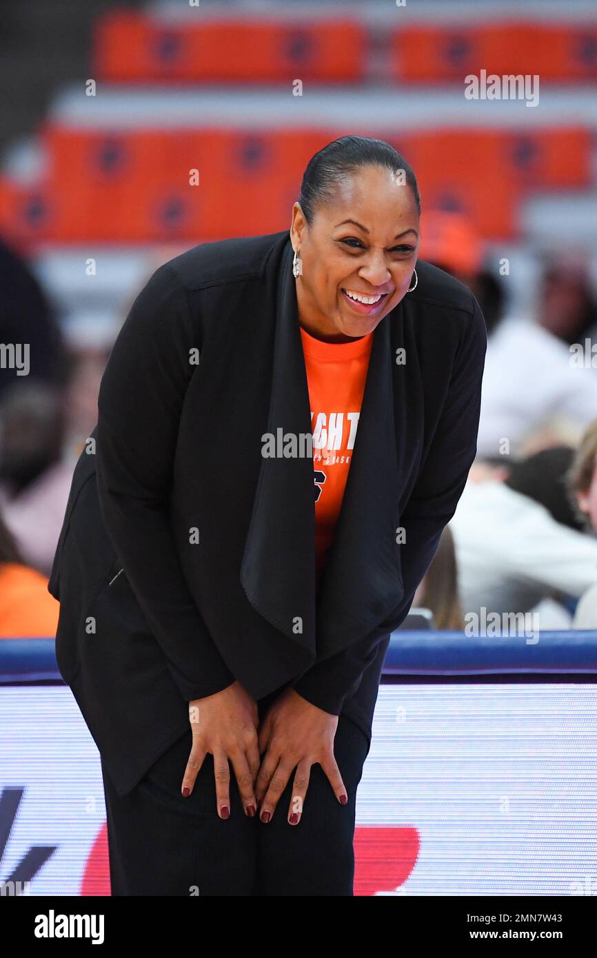 January 29, 2023: Syracuse Orange head coach Felisha Legette-Jack reacts to a call against the Louisville Cardinals during the first half of an NCAA WomenÕs basketball game on Sunday Jan. 29, 2023 at the JMA Wireless Dome in Syracuse, New York. Rich Barnes/CSM Stock Photo