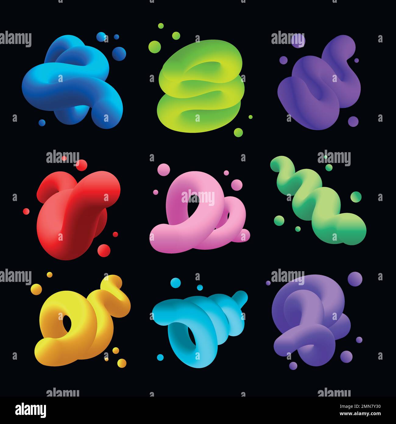 3D abstract fluid shape, colorful twisted clipart vector set Stock Vector
