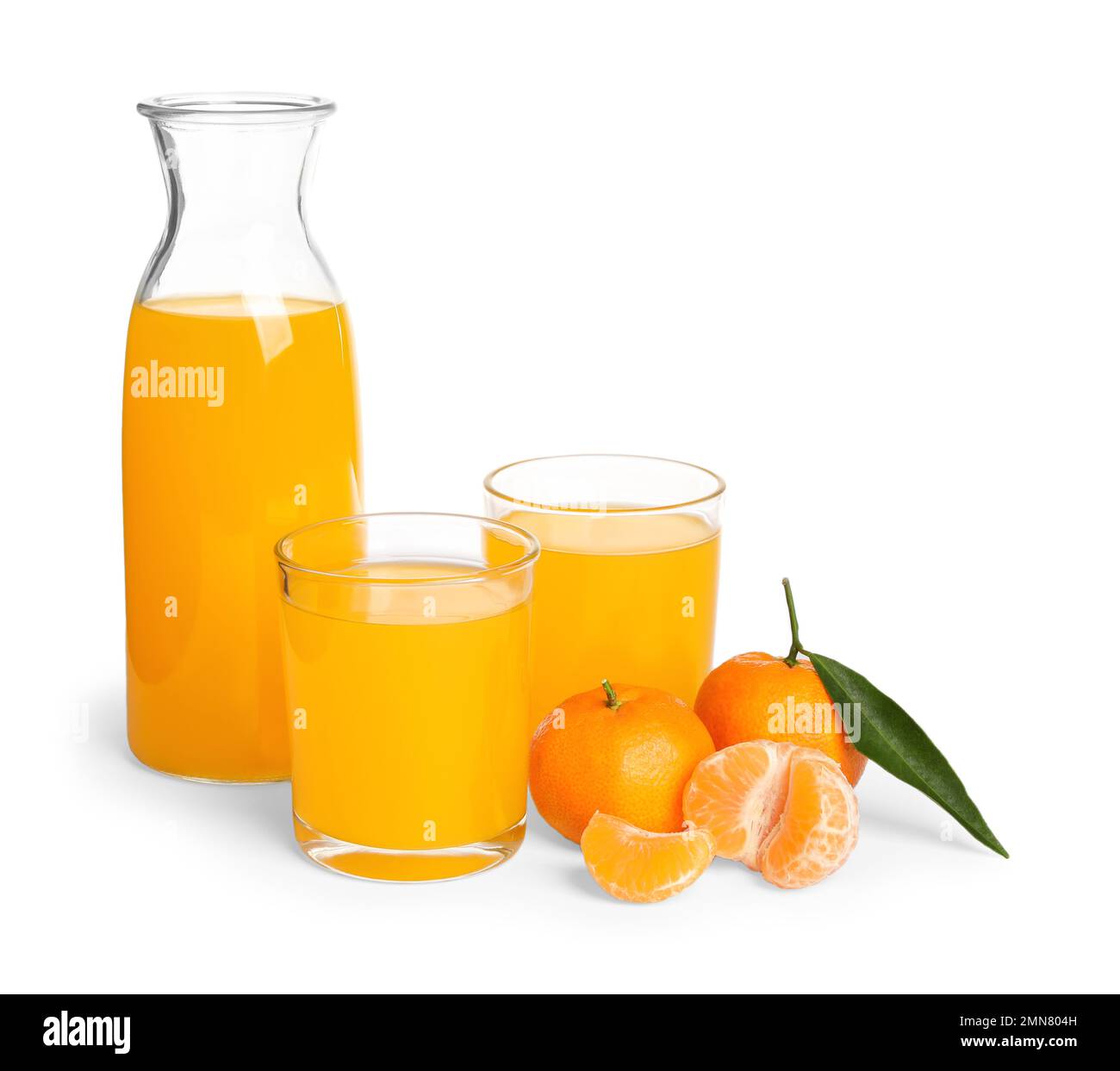 Bottle and glasses of tangerine juice with fruits isolated on white