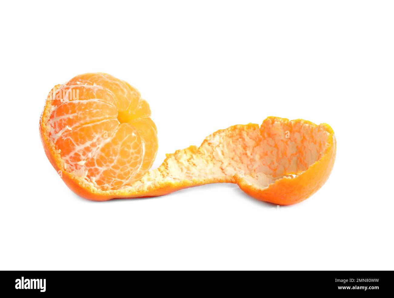 Peeled fresh juicy tangerine with zest isolated on white Stock Photo