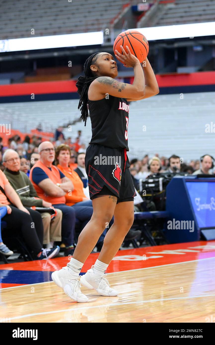 January 29, 2023: Louisville Cardinals guard Chrislyn Carr (3) shoots the ball against the Syracuse Orange during the second half of an NCAA WomenÕs basketball game on Sunday Jan. 29, 2023 at the JMA Wireless Dome in Syracuse, New York. Louisville won 79-67. Rich Barnes/CSM Stock Photo