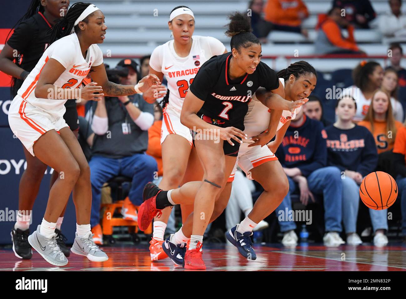 January 29, 2023: Louisville Cardinals forward Nyla Harris (2) and Syracuse Orange guard Kennedi Perkins (right) battle for a loose ball during the second half of an NCAA WomenÕs basketball game on Sunday Jan. 29, 2023 at the JMA Wireless Dome in Syracuse, New York. Louisville won 79-67. Rich Barnes/CSM Stock Photo