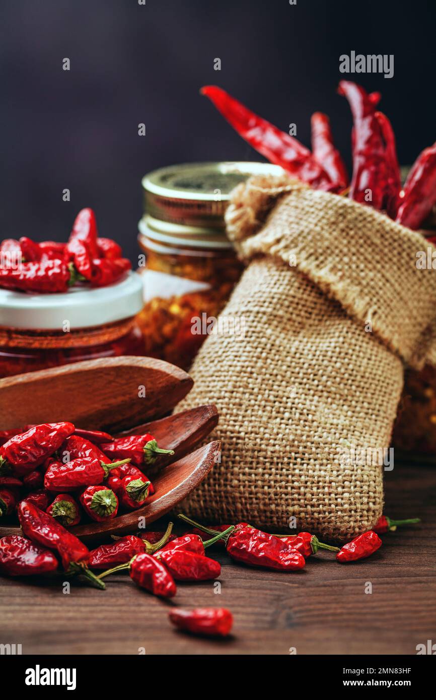 Different types of red hot chili peppers. Home grown and stored in