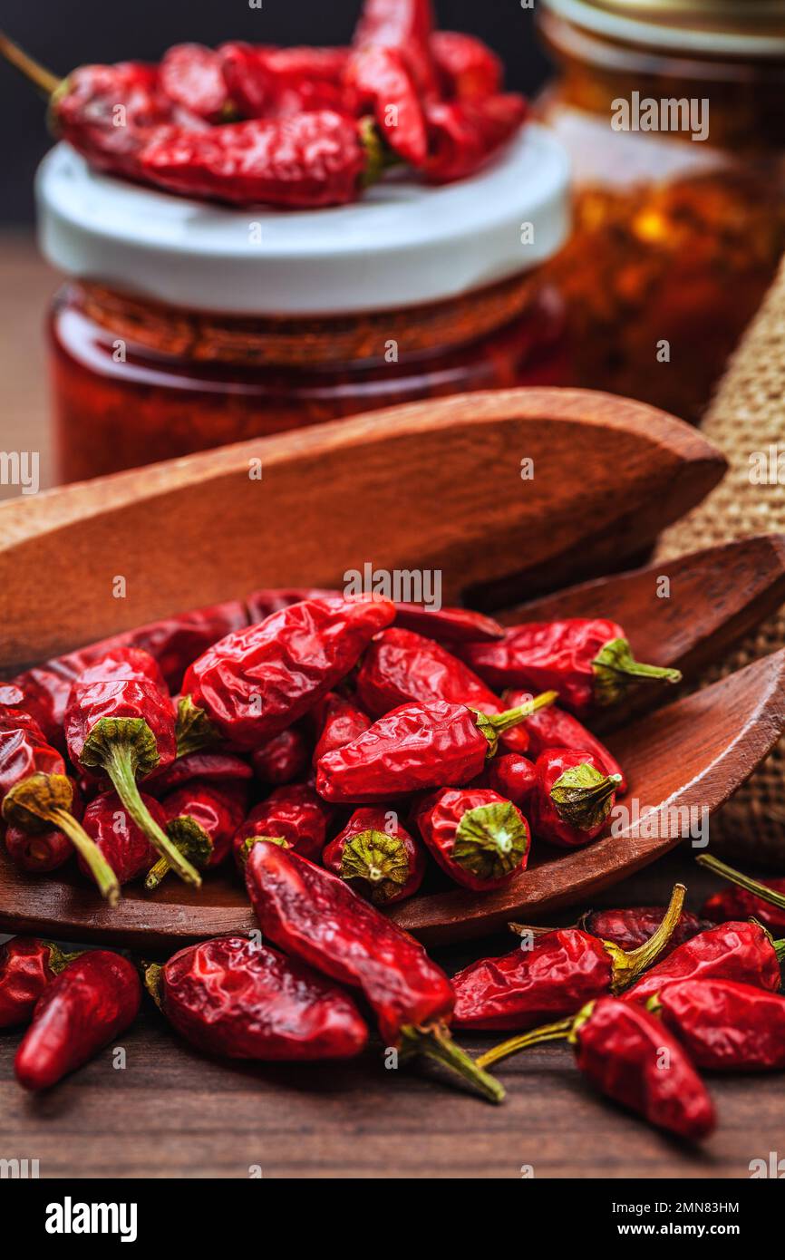 Different types of red hot chili peppers. Home grown and stored in