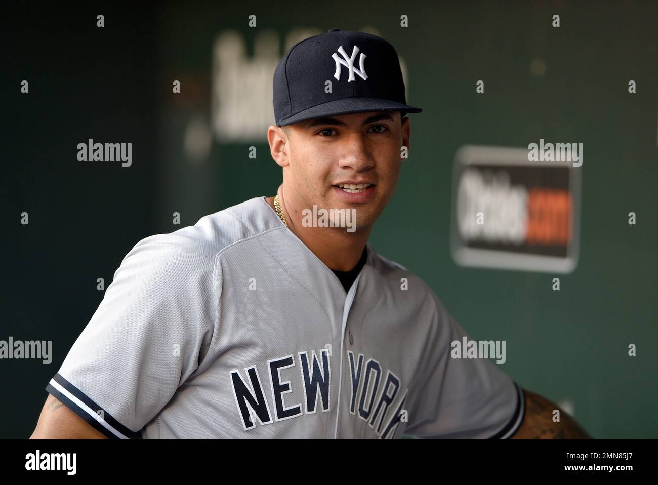 CLEVELAND, OH - APRIL 24: Gleyber Torres (25) and Gio Urshela (29) of the New  York Yankees look on during a game against the Cleveland Indians at Prog  Stock Photo - Alamy