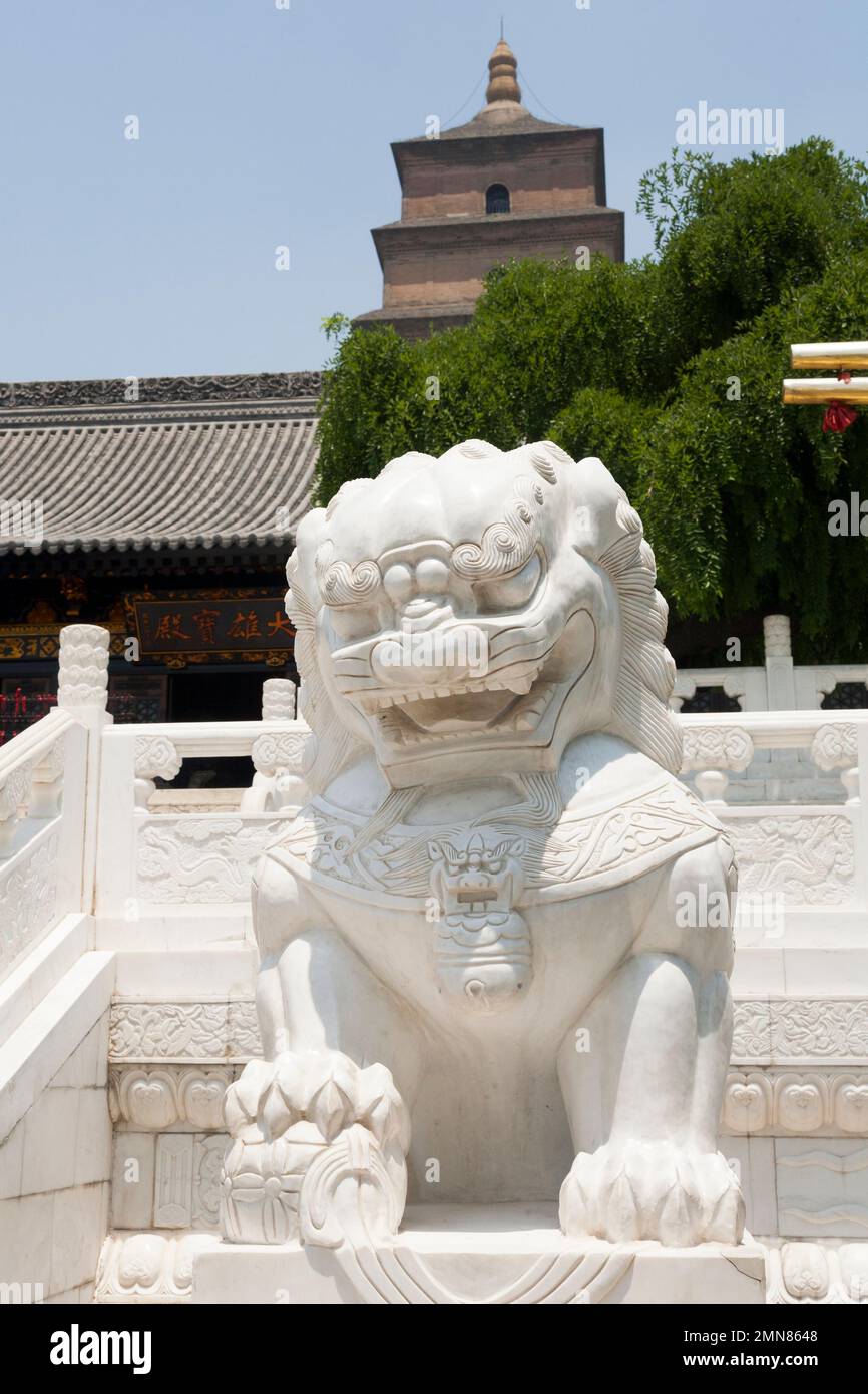 Highly decorated stone statue sculpture of a Chinese Lion or Dragon carved in white stone and shown in front of the Giant Wild Goose Pagoda in grounds of Daci'en Temple, a Buddhist temple in Xian / Xi'an, Shaanxi, China. (125). Stock Photo