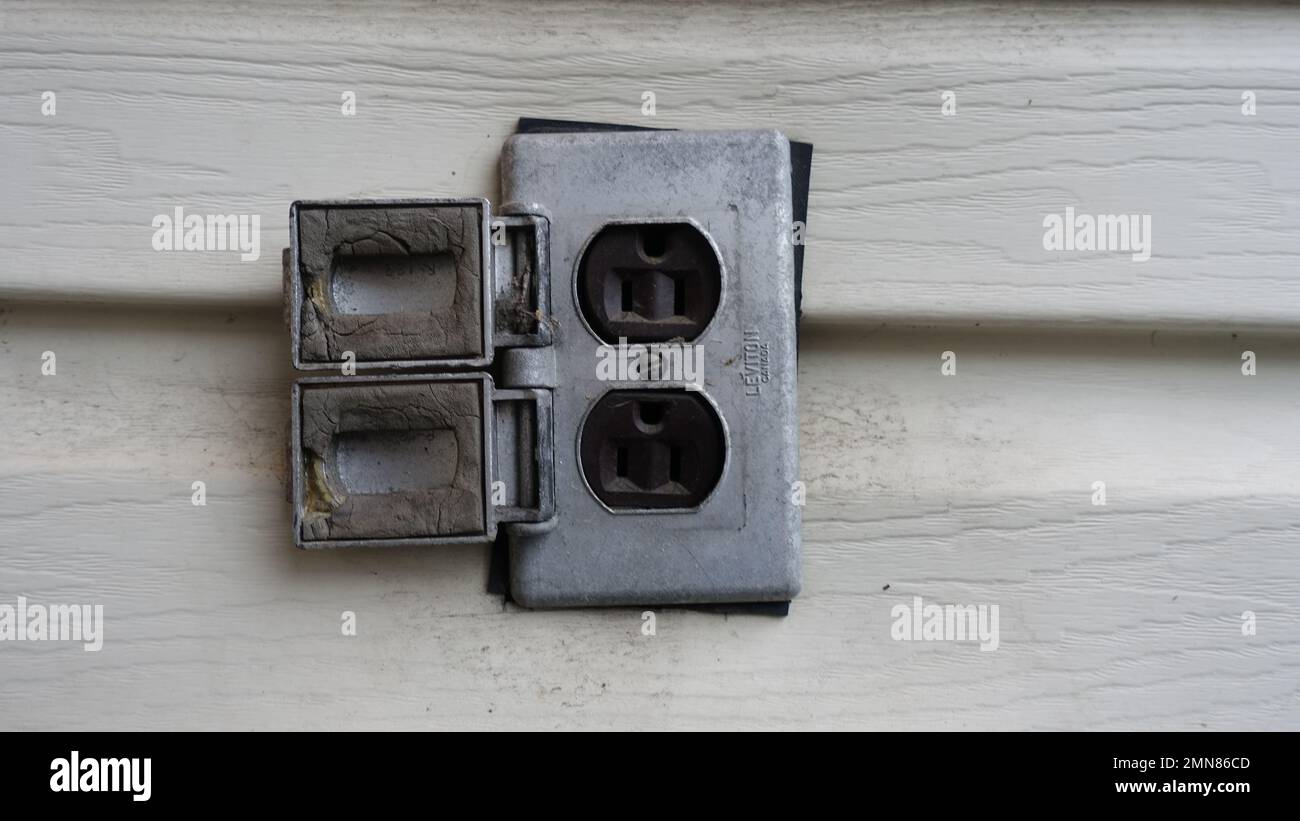 Electricity exterior wall plug socket Stock Photo Alamy
