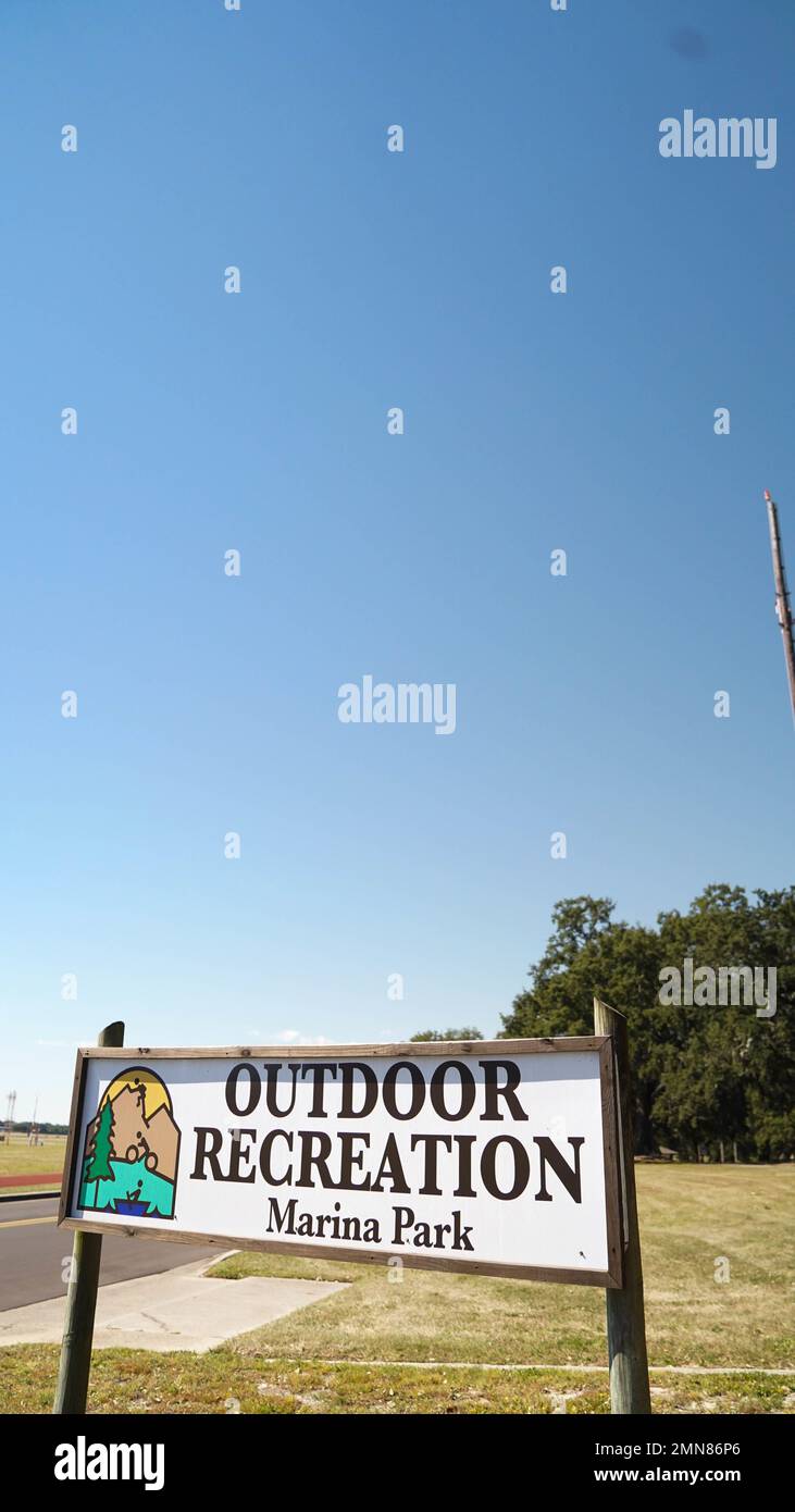 The Keesler Marina Park sign is displayed the entrance to the park on