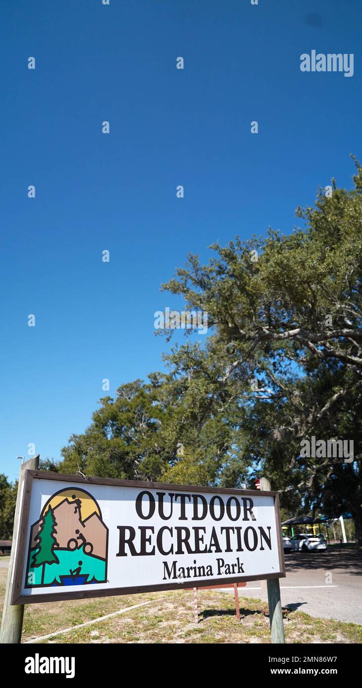 The Keesler Marina Park sign is displayed the entrance to the park on