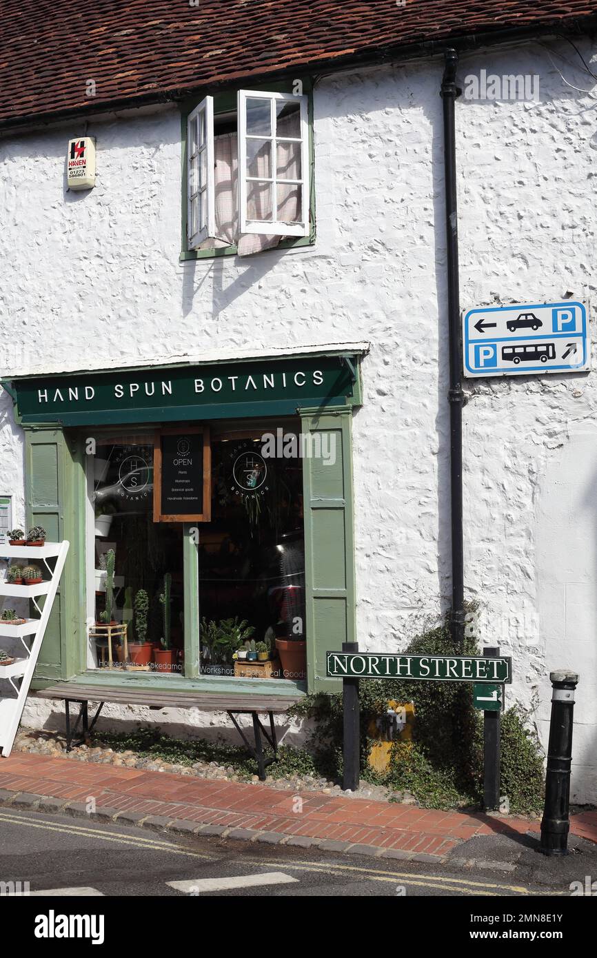 Shop frontage and signage for car & coach parking in the pretty village of Alfriston, East  Sussex, Wealden, UK Stock Photo