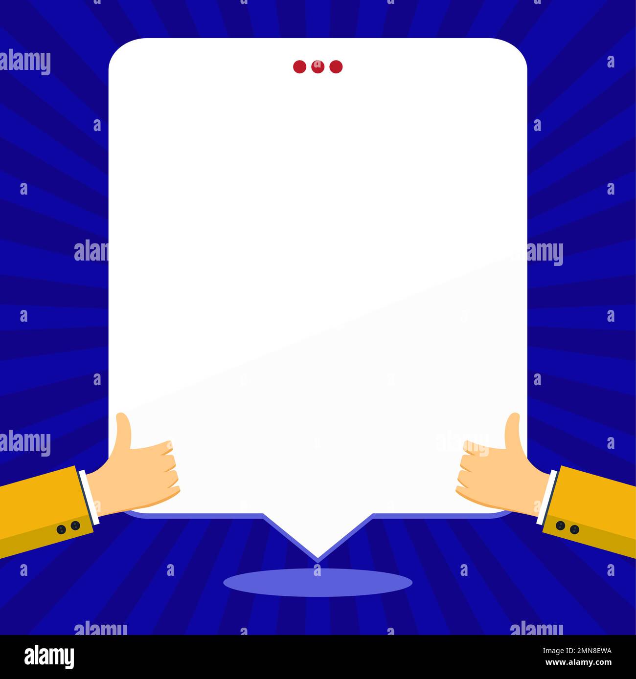 Big finger raised up pointing to whiteboard with information. White text holder behind hands contains main message. Empty speech bubble on bright Stock Vector