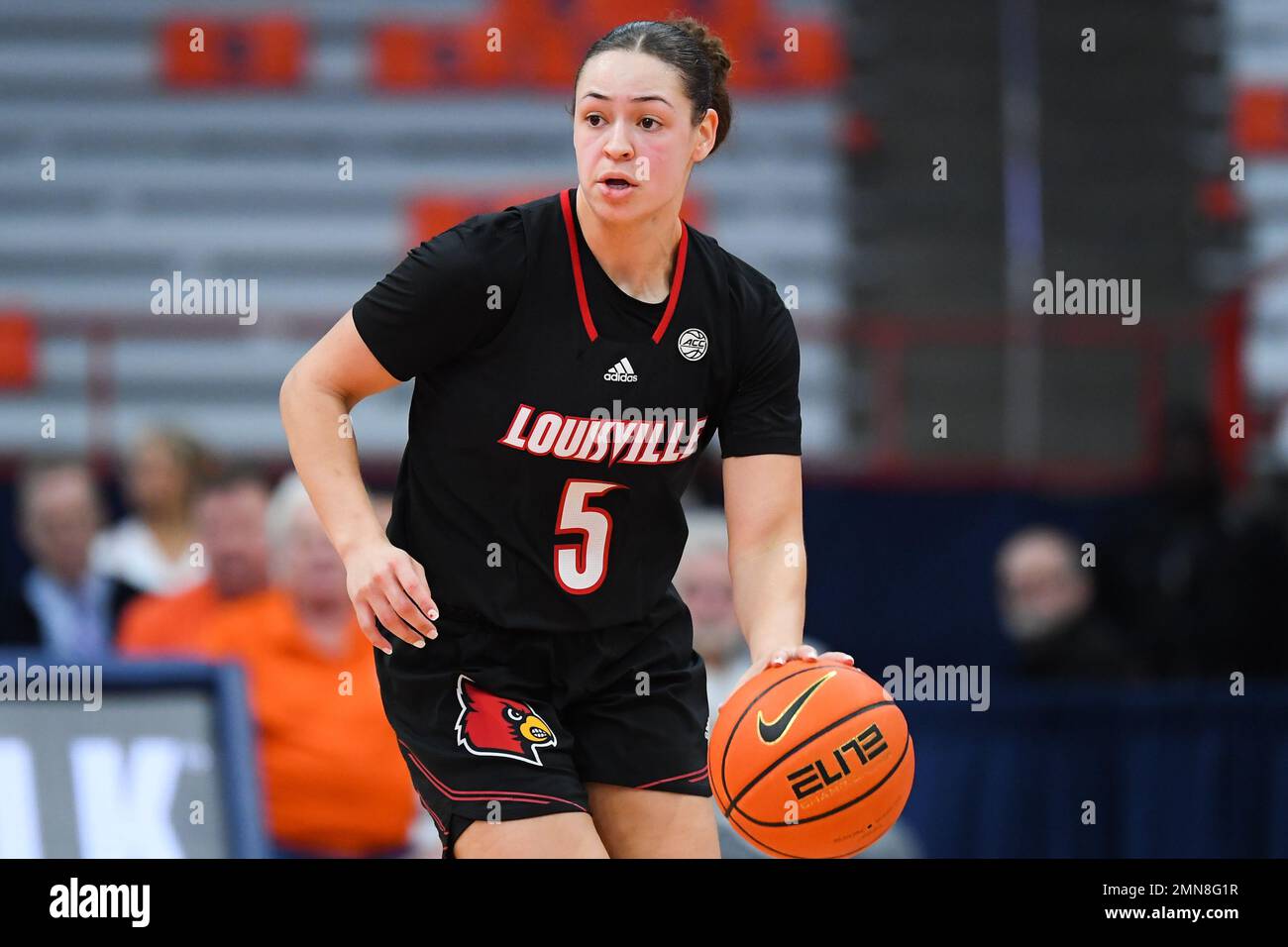 January 29, 2023: Louisville Cardinals guard Mykasa Robinson (5) controls the ball against the Syracuse Orange during the second half of an NCAA WomenÕs basketball game on Sunday Jan. 29, 2023 at the JMA Wireless Dome in Syracuse, New York. Louisville won 79-67. Rich Barnes/CSM Stock Photo