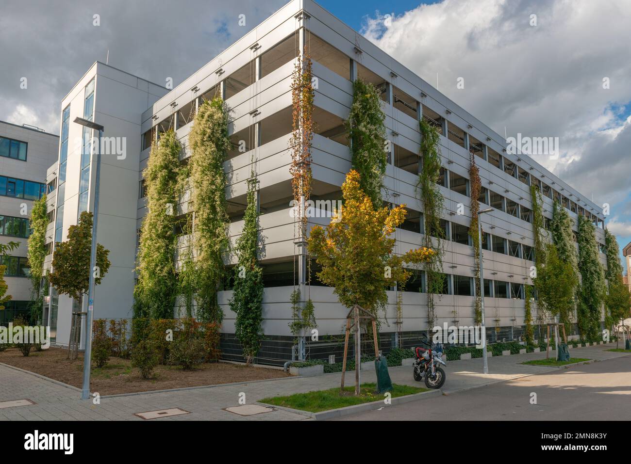 Environmentally friendly greening at Parking lot Neckar Park, Begrünung, Cannstadt, Stuttgart, Baden-Württemberg, Southern Germany Stock Photo